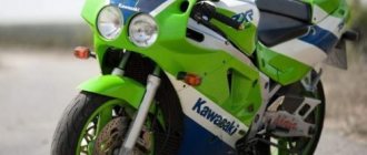 Two separate headlights on a Kawasaki ZXR 750 sports motorcycle